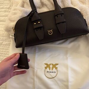 Pinko Black Pebbled Leather Dome Satchel with Gold Hardware